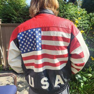 USA Flag Motorcycle Jacket Genuine Leather Vintage Size L Black Leather Bomber